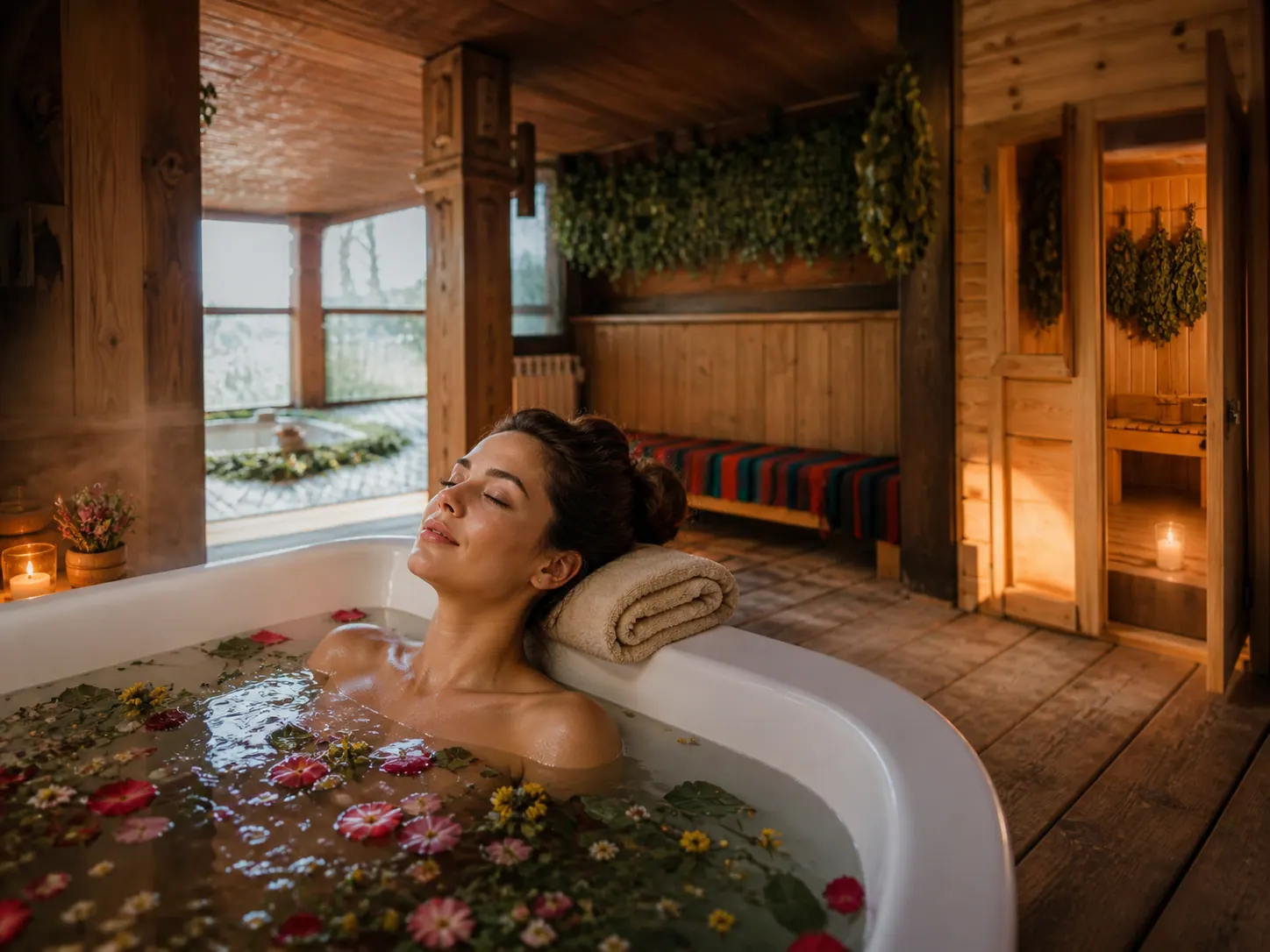Женщина отдыхает в пантовой SPA-ванне в деревянном wellness-пространстве